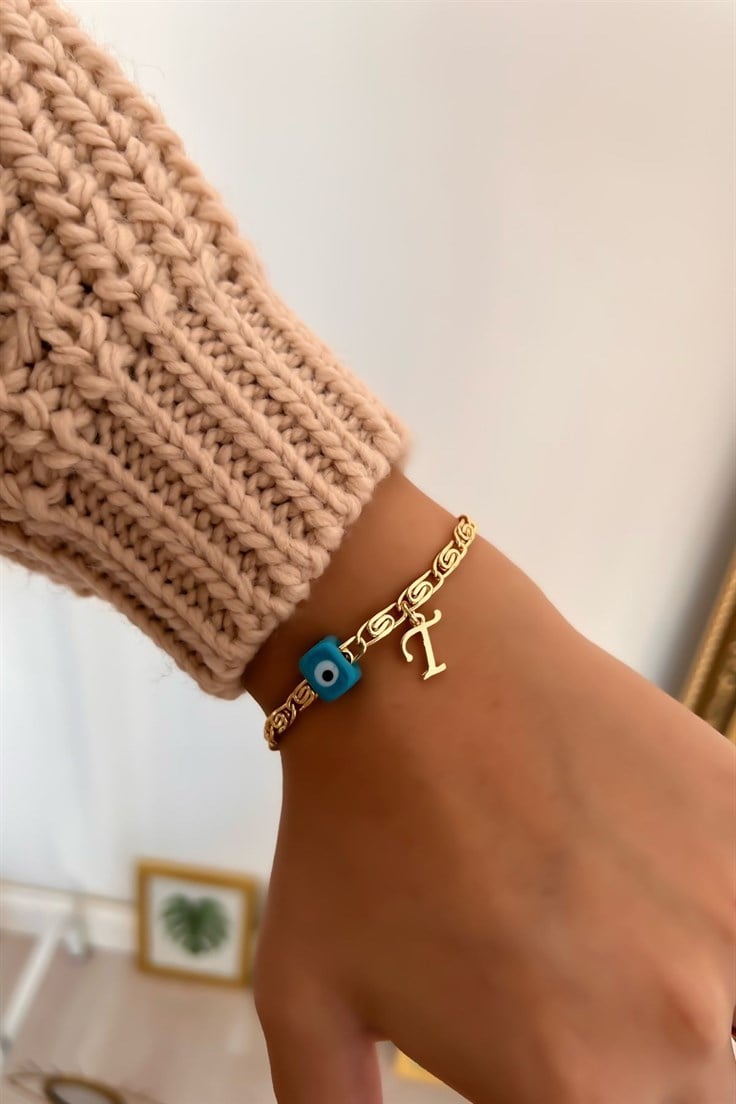 T Harfli ve Nostalji Boncuklu Ezme Zincir Bileklik Gold