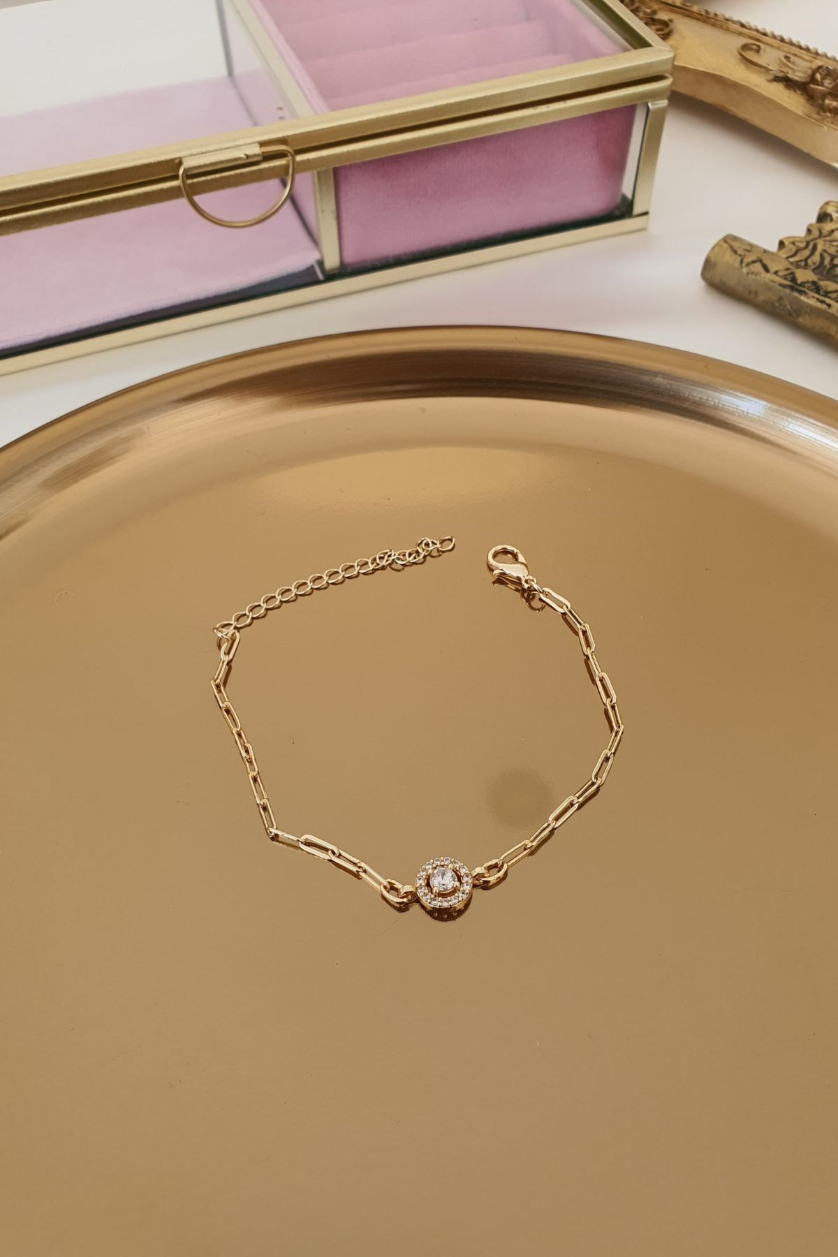 Tek Taş Model Zincir Bileklik Gold