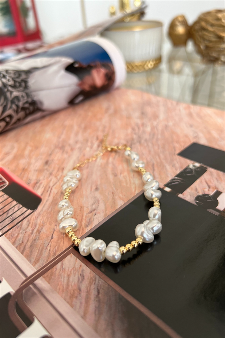 Top Boncuk ve İnci Sıralı Zarif Künye Gold