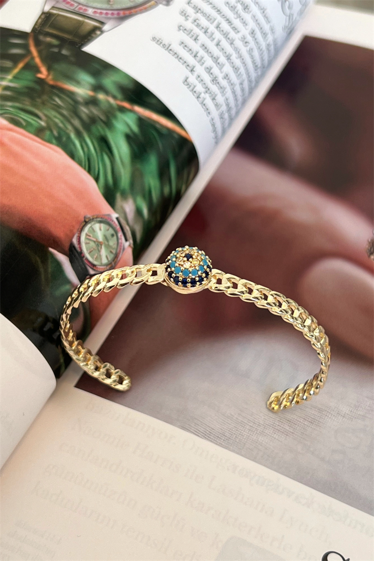 Top Nazar Model Zincir Model Altı Açık Kelepçe Gold