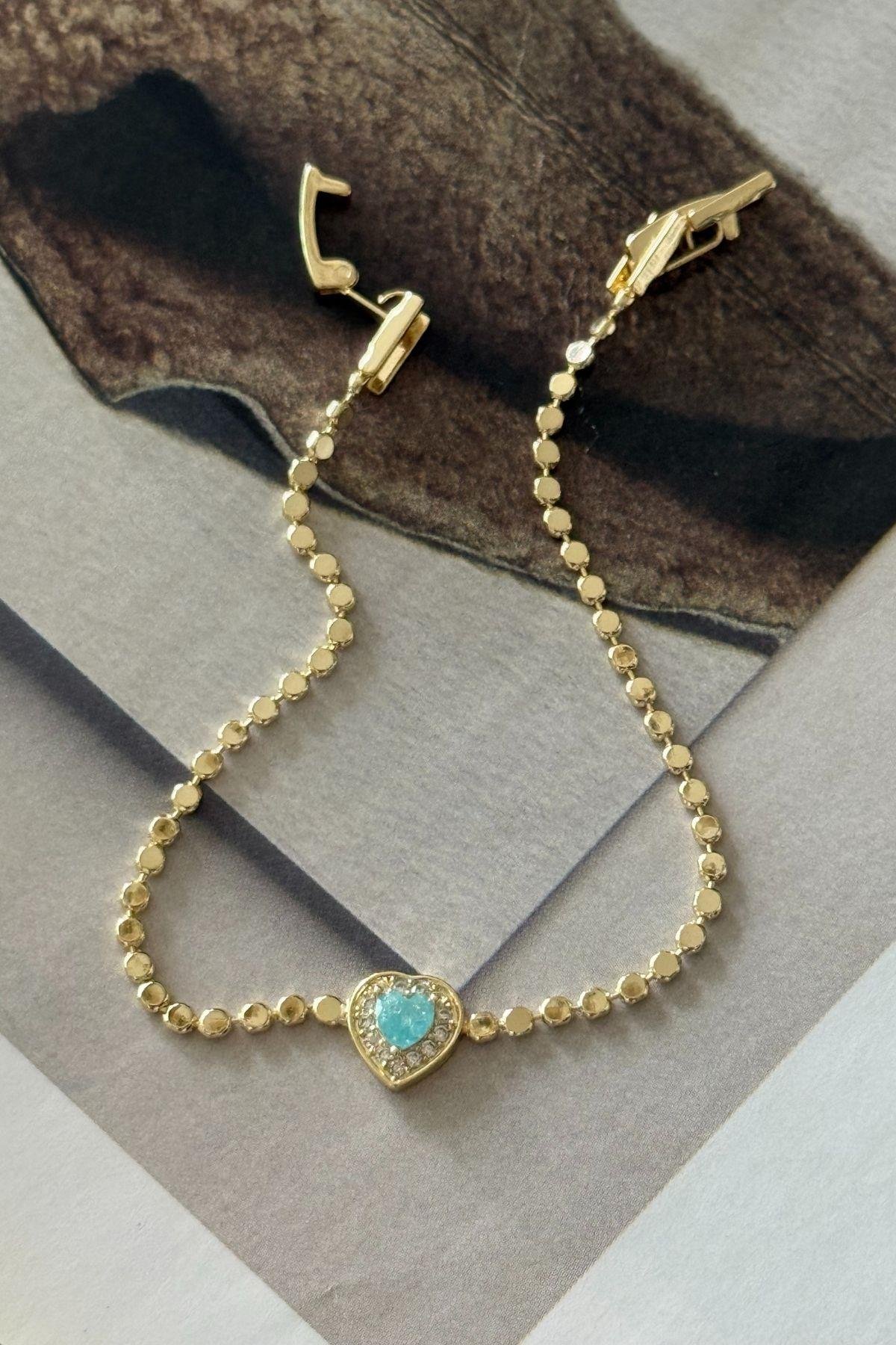 Top Zincirli Turkuaz Zirkon Taşlı Zarif Zincir Bileklik