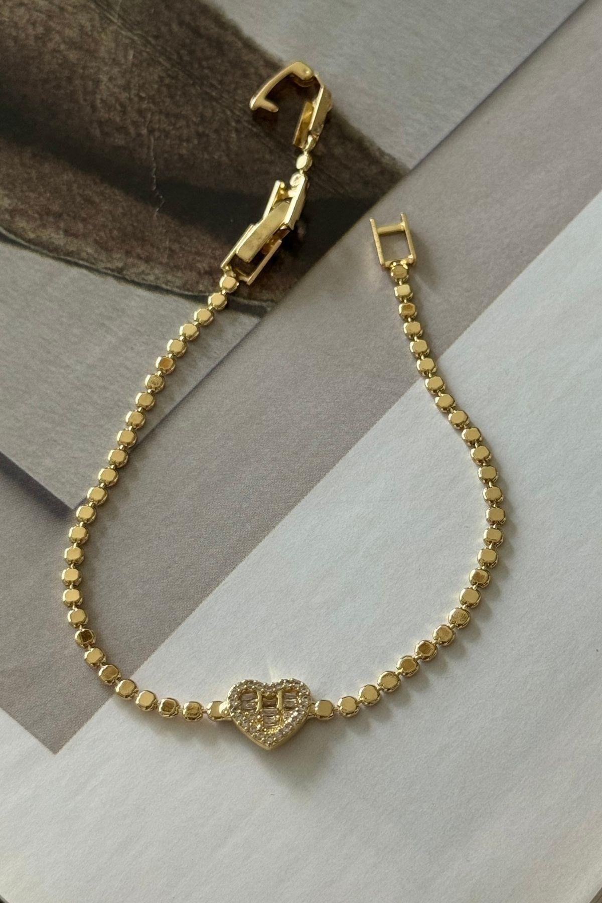 Top Zincirli Zirkon Taş Kalpli Bileklik