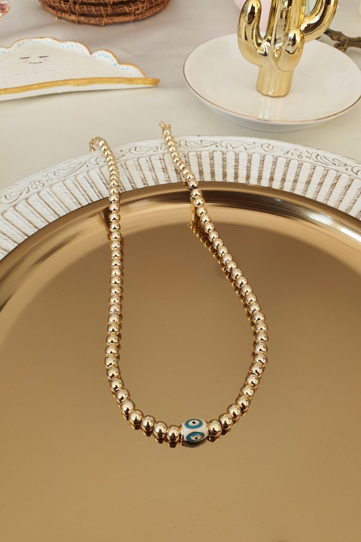 Topçuk Model Ortası Nazarlı Kolye Gold