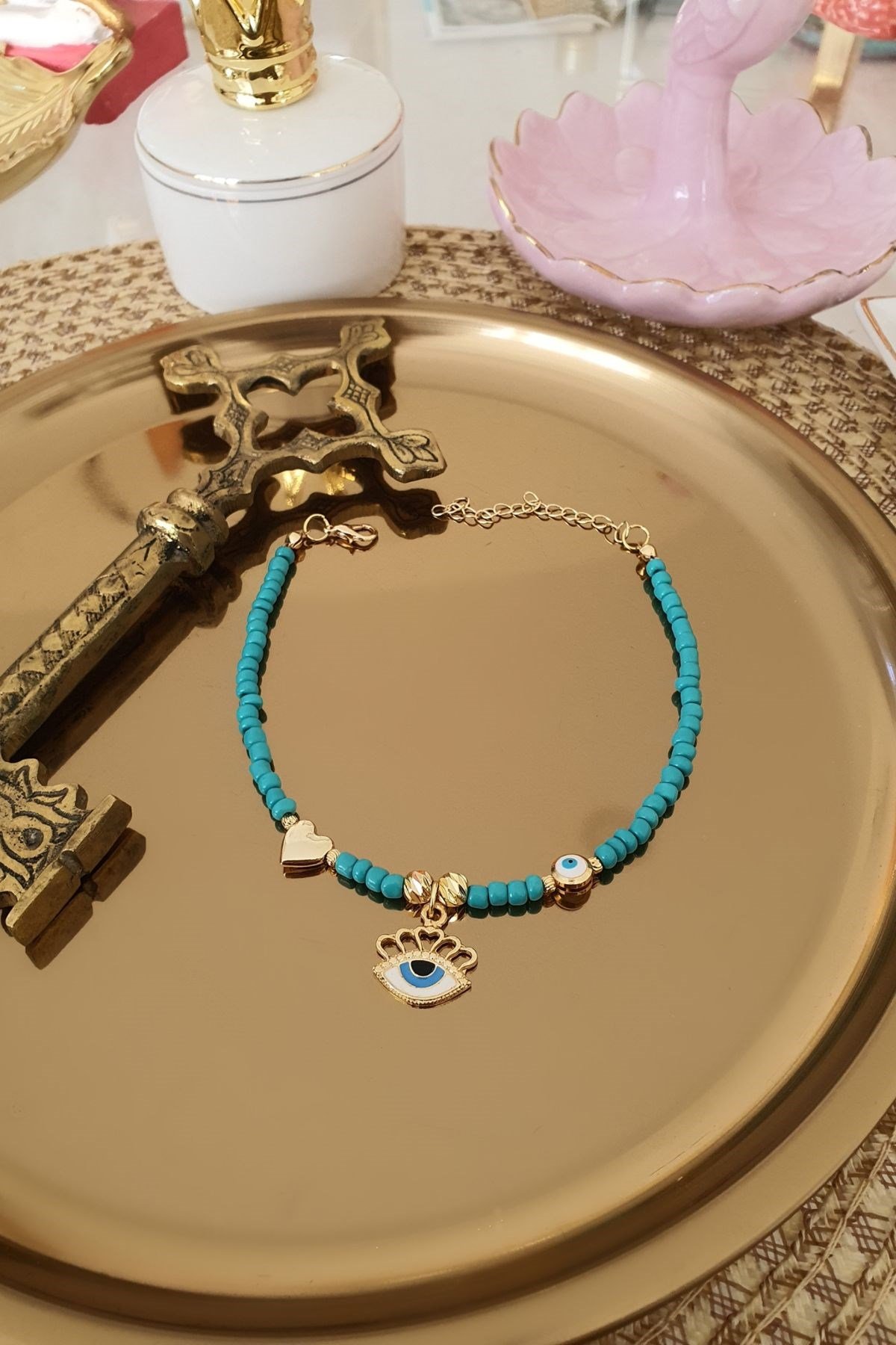 Turkuaz Boncuklu Kalp, Göz ve Nazar Aparatlı Halhal Gold