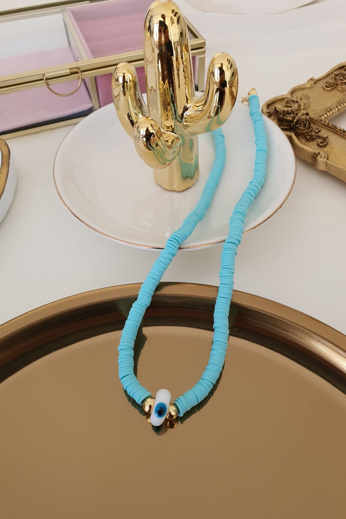 Turkuaz Fimo Hamuru Nazar Model Kolye Gold
