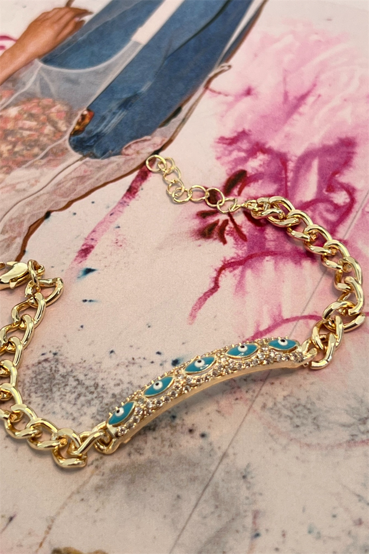 Turkuaz Göz Model Dikdörtgen Bileklik Gold