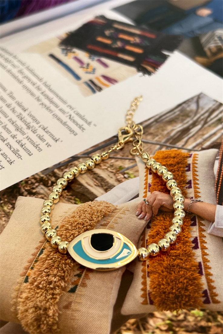 Turkuaz Göz Model Topçuk Sıralı Bileklik Gold