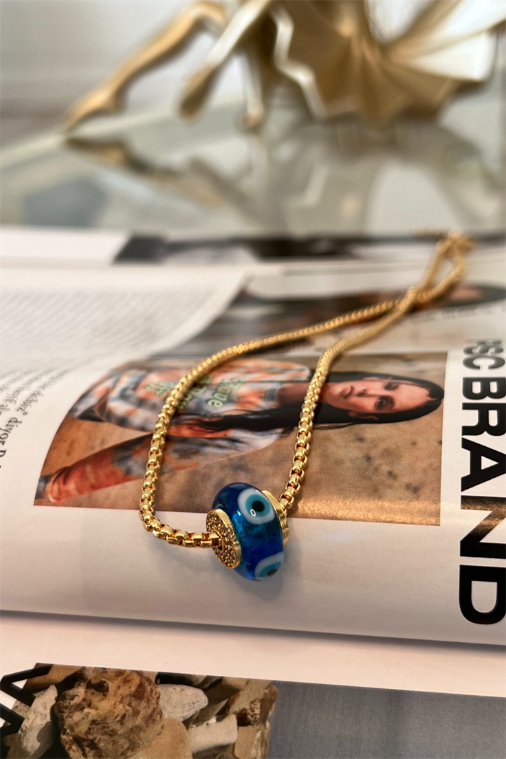 Turkuaz Nazar Sık Zincirli Kolye Gold