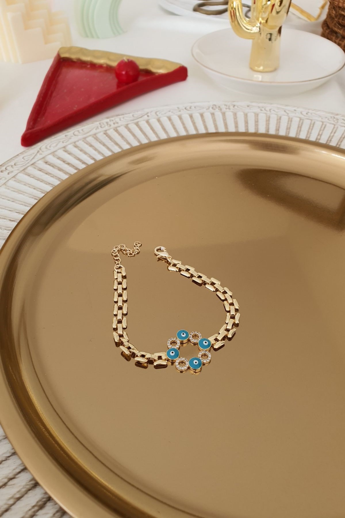 Turkuaz Nazar Ve Zirkon Taşlı Daire Model Ezme Zincir Bileklik Gold