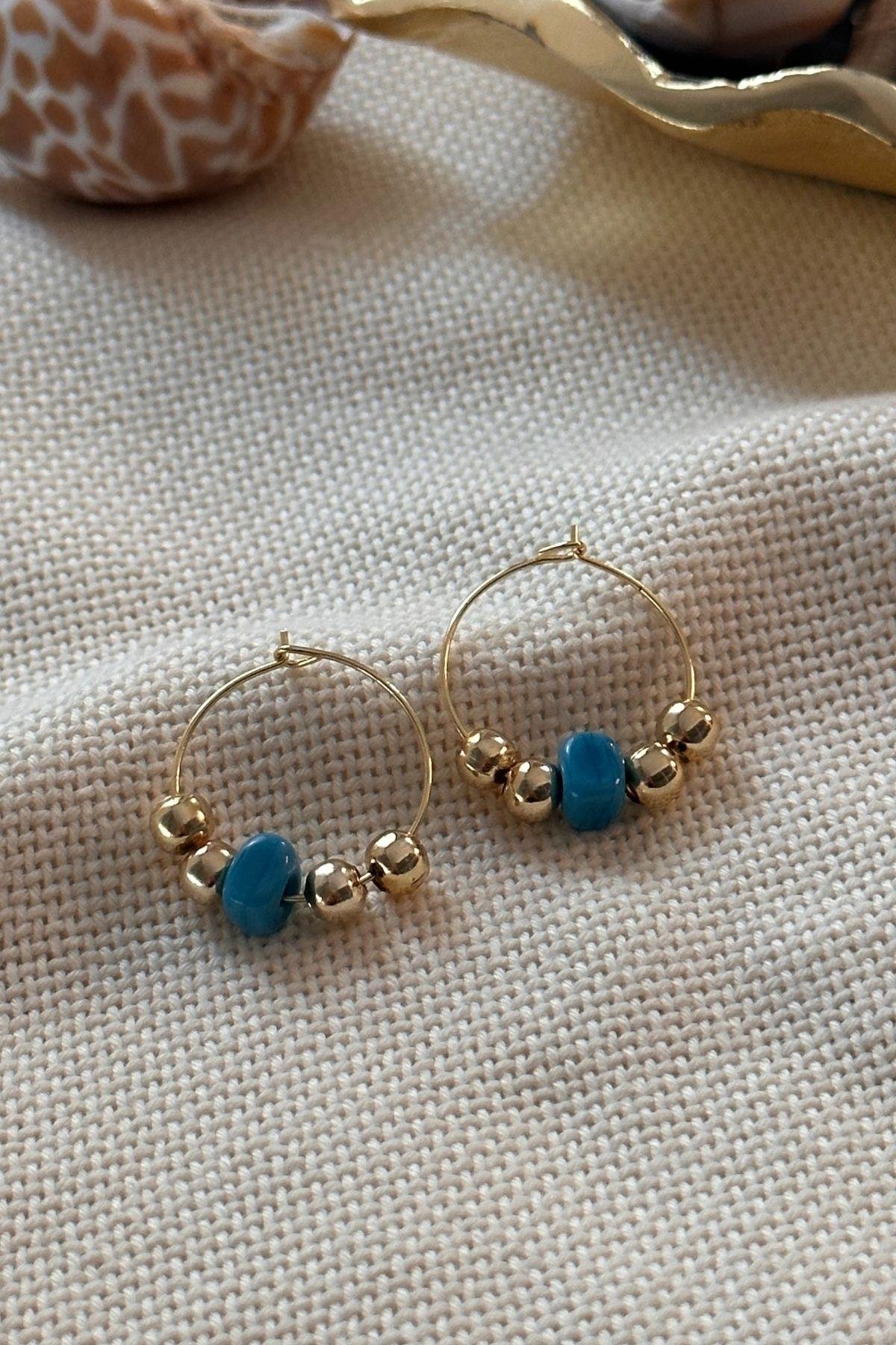 Turkuaz Nostalji Boncuklu Halka Küpe