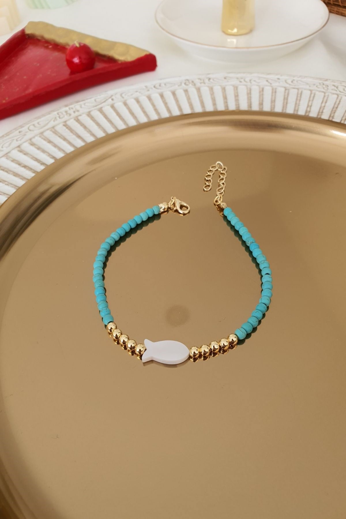 Turkuaz Taşlı Balık Model Halhal Gold