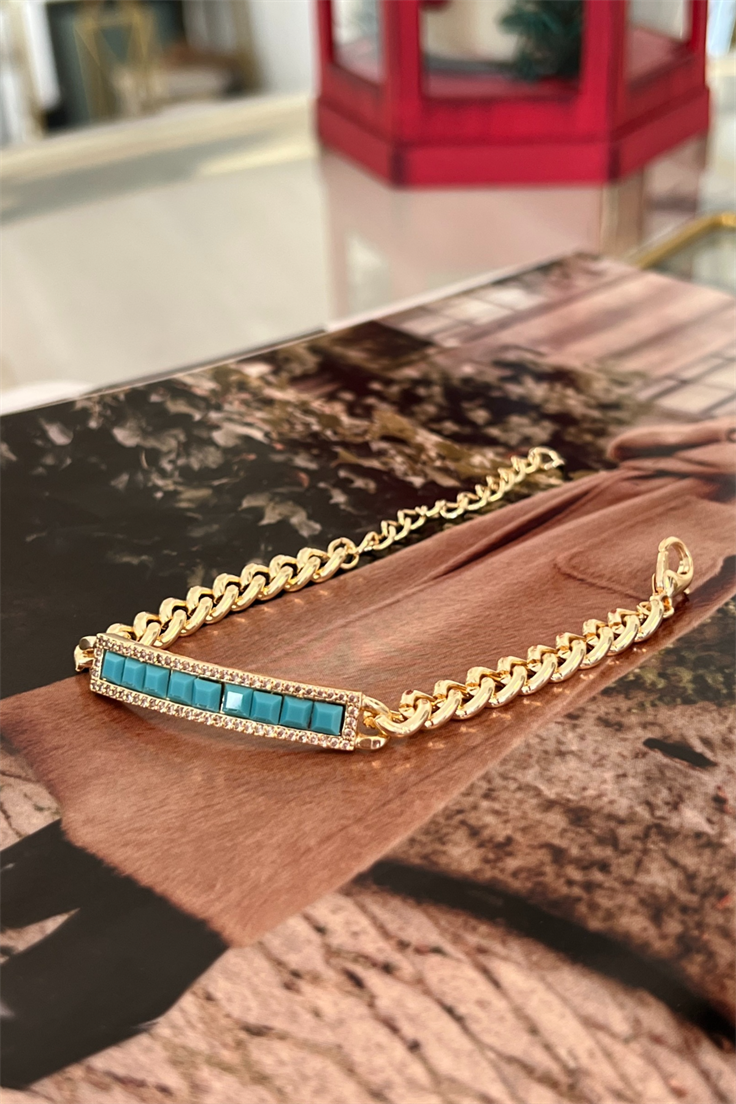 Turkuaz Taşlı Dikdörtgen Model Bileklik Gold