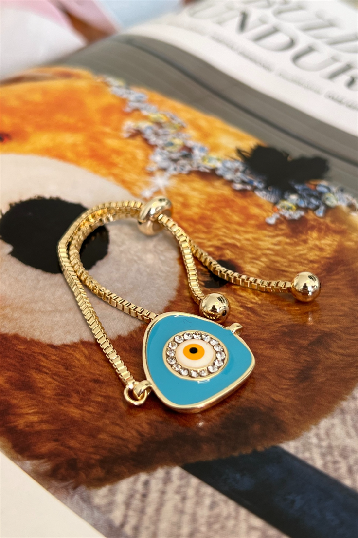 Turkuaz Taşlı Nazar Model Asansör Ayarlı Bileklik Gold