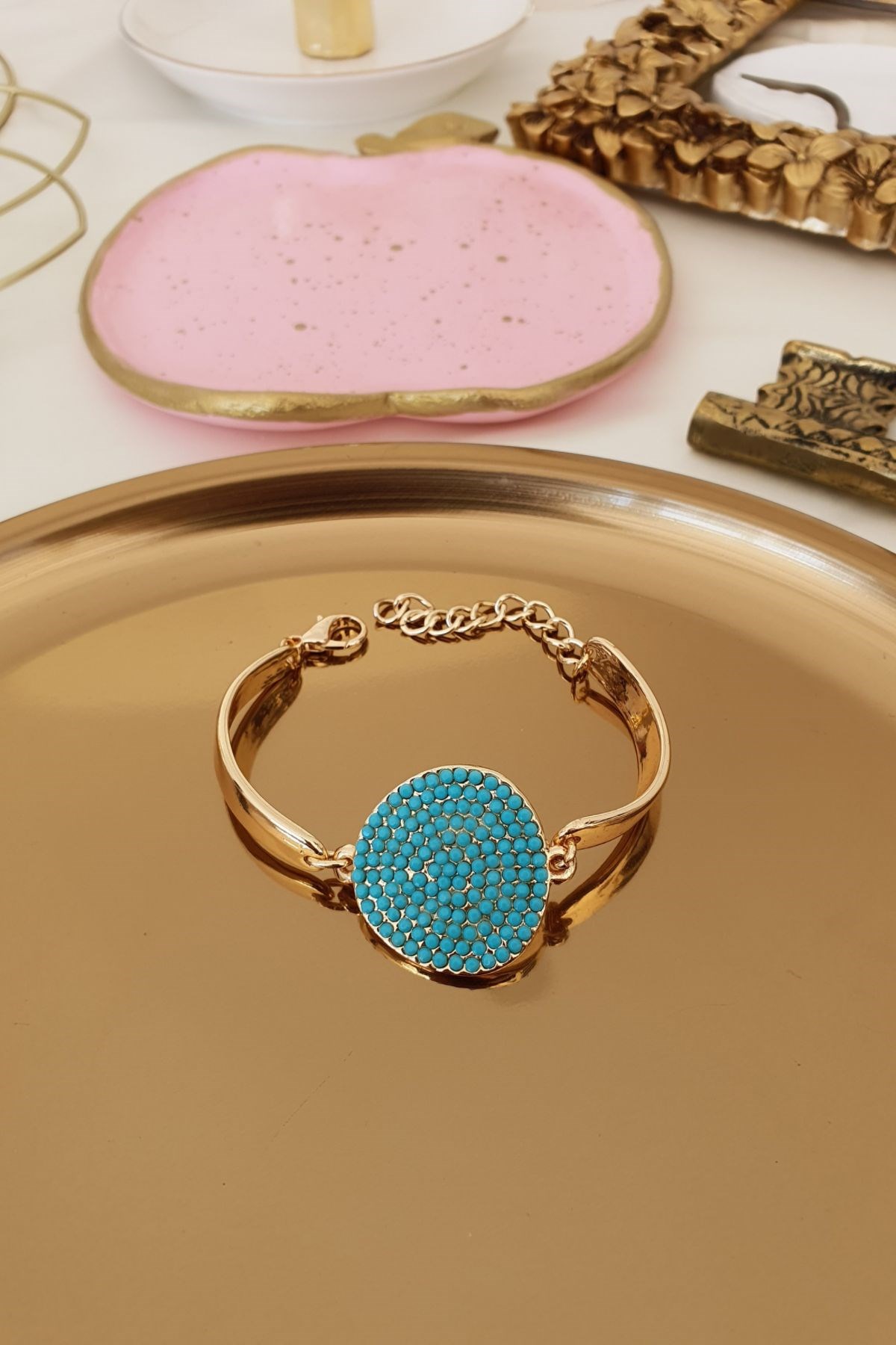 Turkuaz Zirkon Taşlı Daire Model Yanları Plaka Model Bileklik Gold