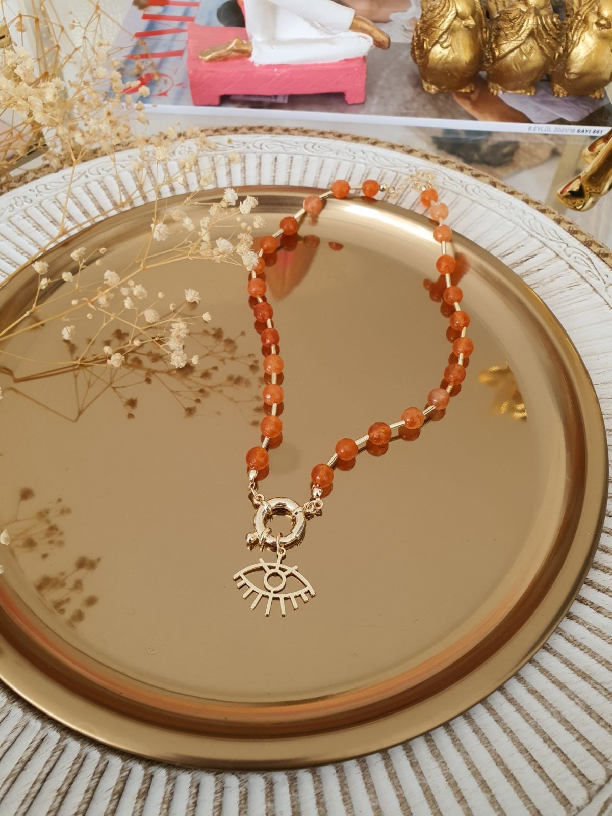 Turuncu Boncuk Sıralı Göz Model Kolye Gold