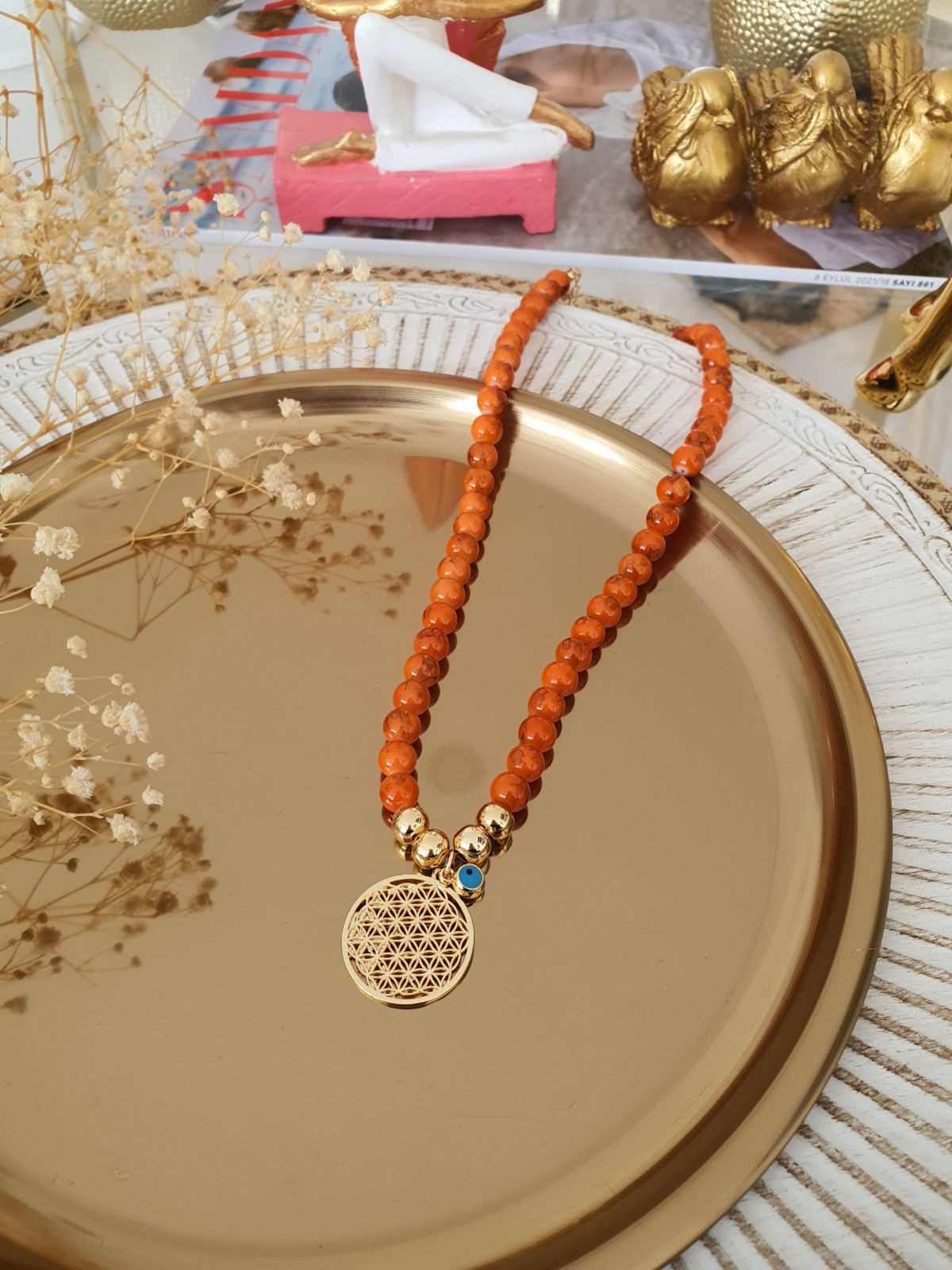 Turuncu Boncuklu Nazar Detaylı Yaşam Çiçeği Kolye Gold
