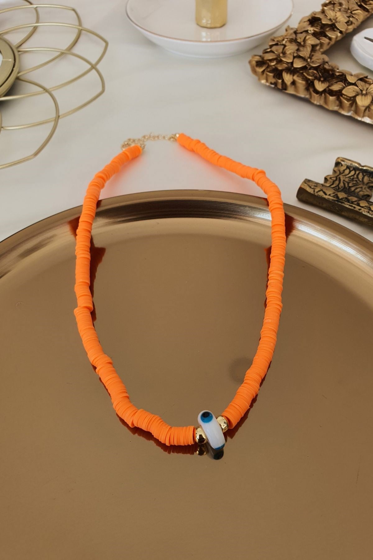 Turuncu Fimo Hamurlu Nazar Kolye Gold