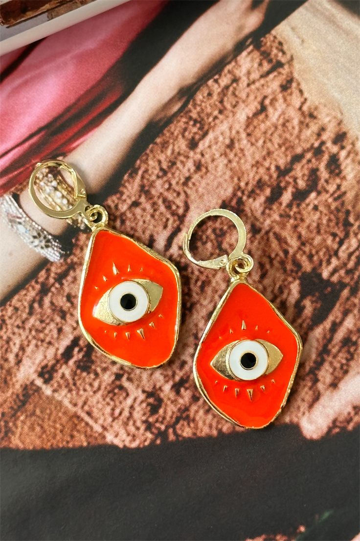 Turuncu Mineli Göz Figürlü Küpe