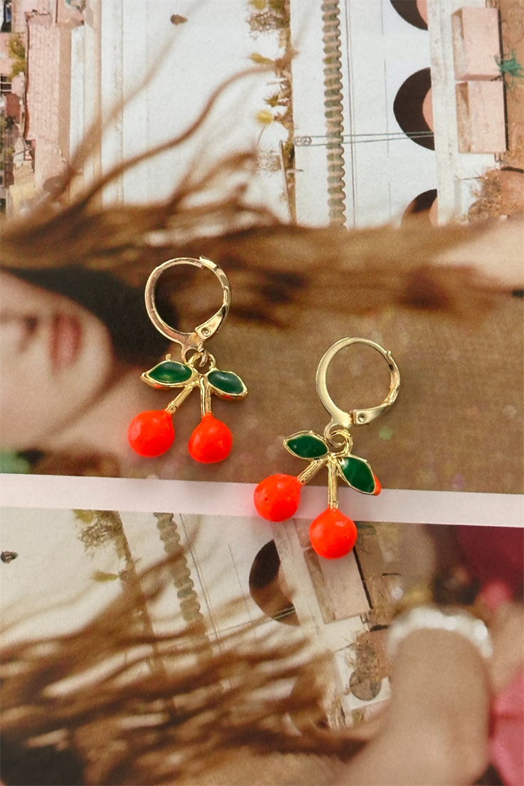 Turuncu Renkli Kiraz Figürlü Küpe