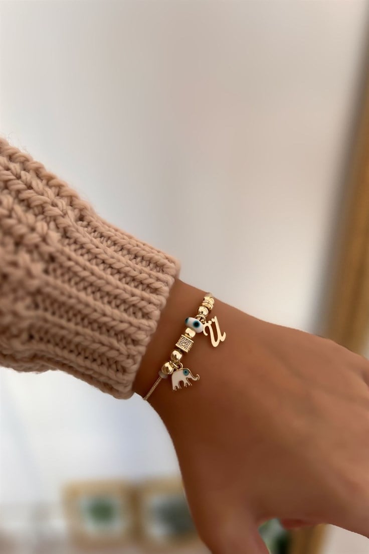 Ü Harfli ve Beyaz Mineli Fil Figürlü Nazar Bileklik Gold