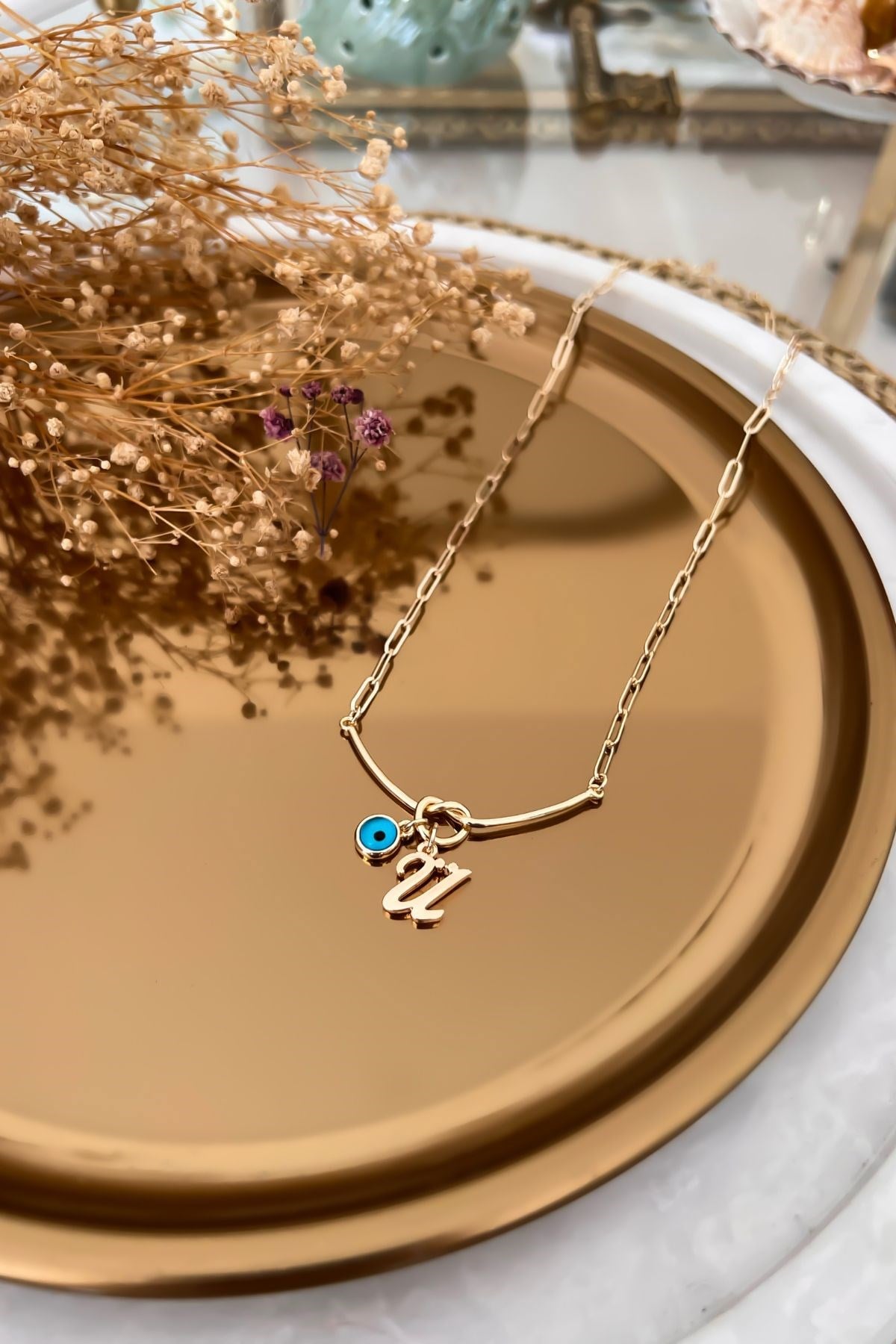 Ü Harfli ve Nazar Sallantılı Düğüm Kolye Gold