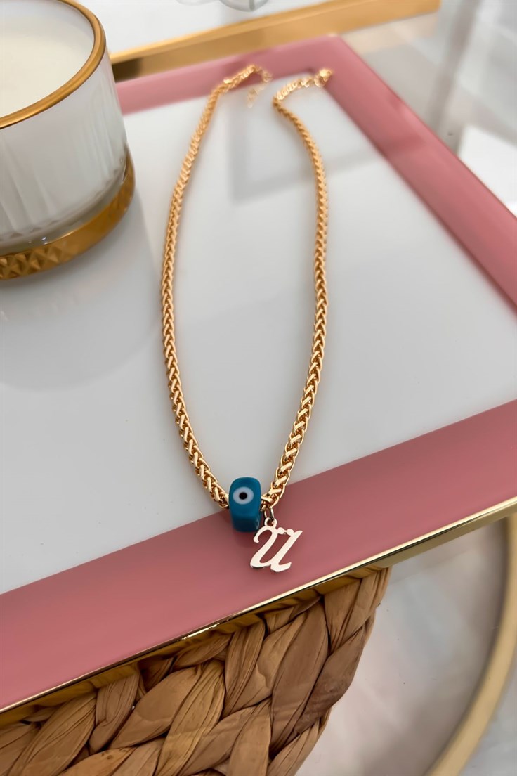 Ü Harfli ve Nazar Sallantılı Örme Zincirli Kolye Gold