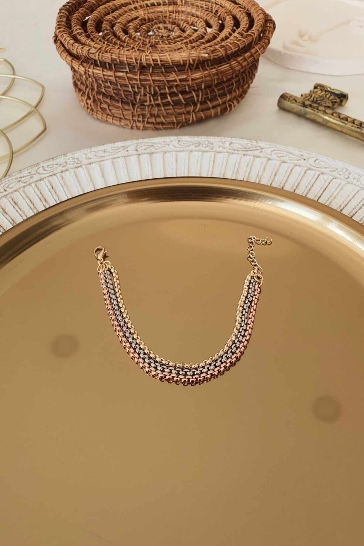 Üç Renkli Zincir Bileklik Gold