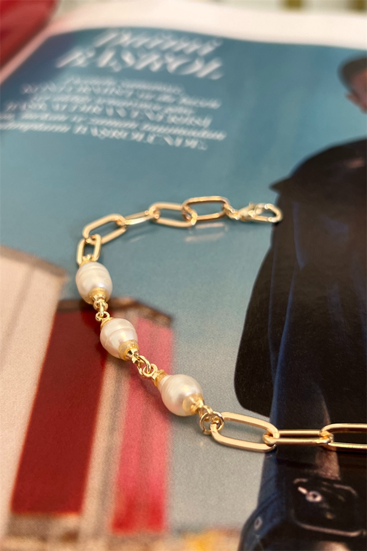 Üçlü İnci Model Zincir Bileklik Gold