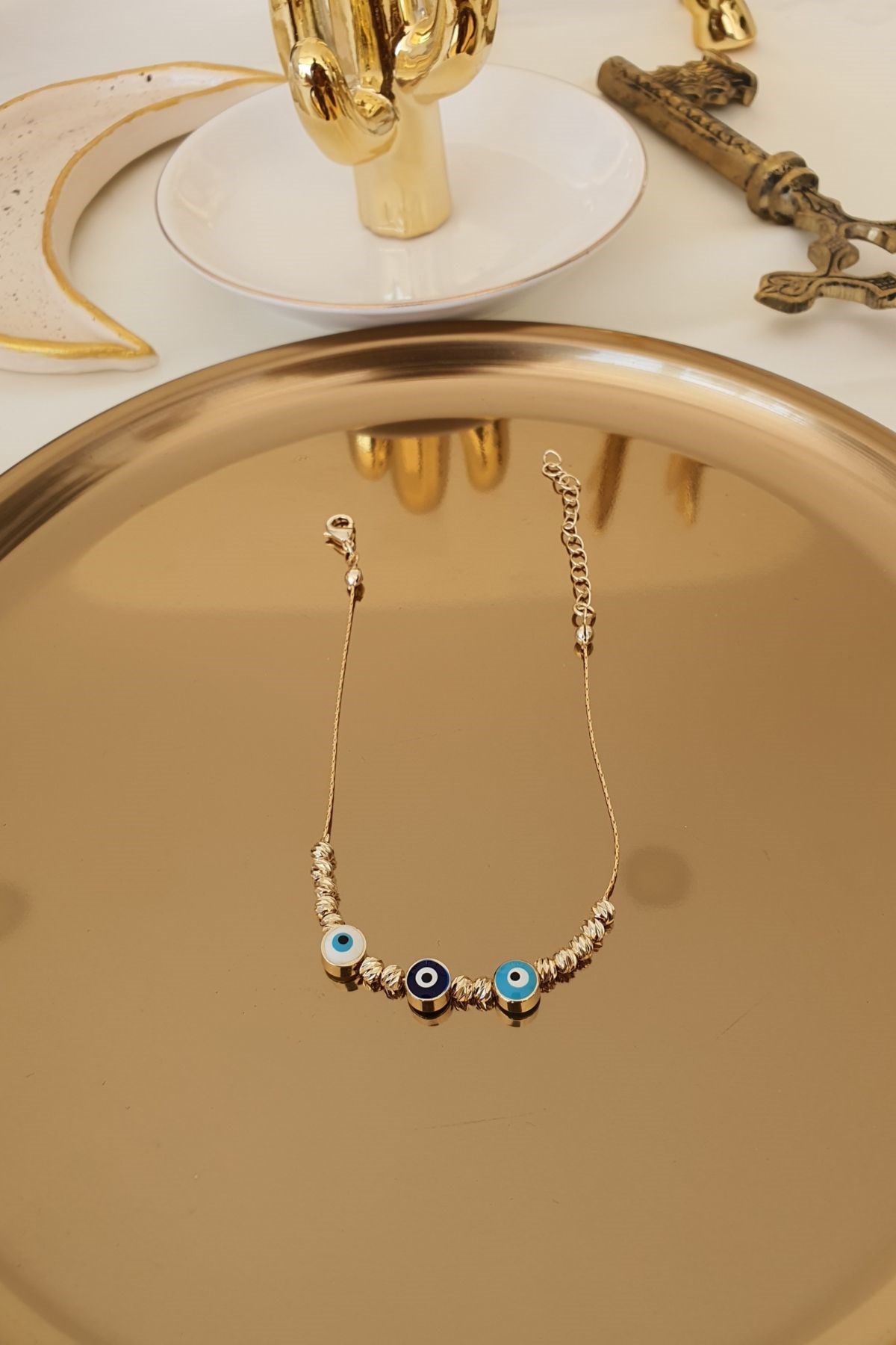 Üçlü Nazar Model Dorika Boncuklu Halhal Gold