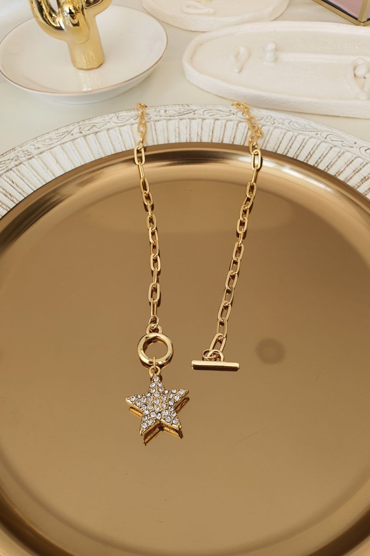 Üzeri Zirkon Taşlı Yıldız Model Zincir Kolye Gold