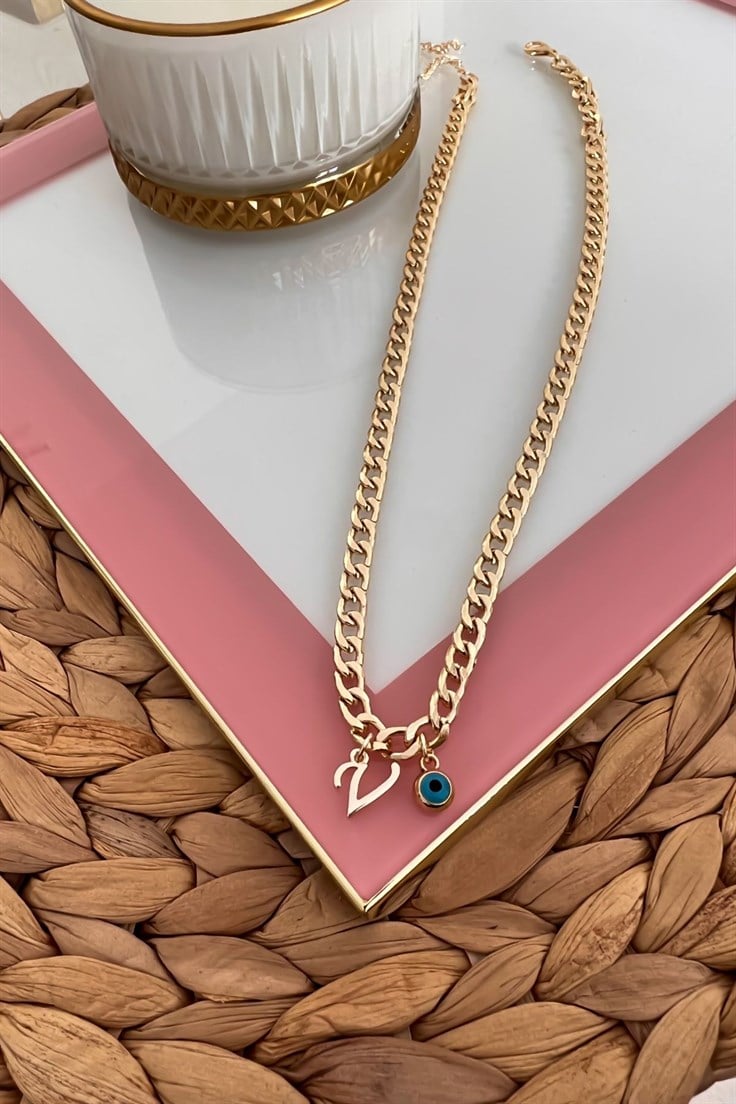 V Harfli ve Nazar Sallantılı İnce Nostalji Zincirli Kolye Gold