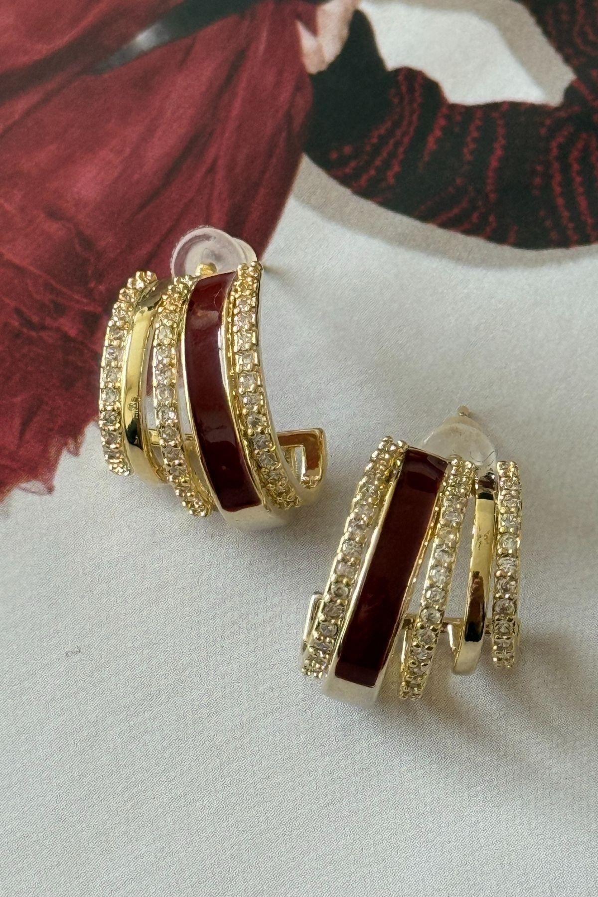 Vip Bordo Taşlı Full Zirkon Taşlı Küpe