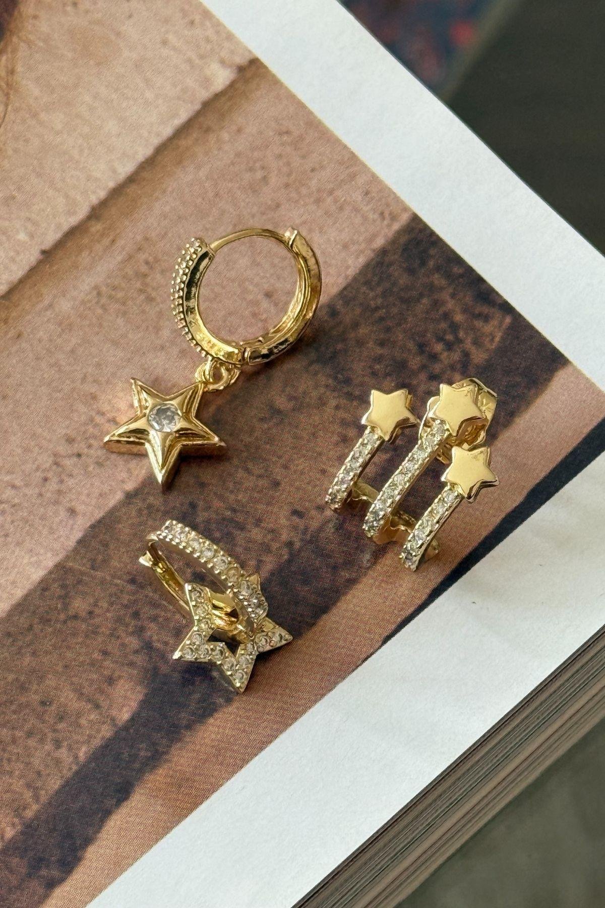 Vip Zirkon Taşlı Yıldız Üçlü Set Küpe