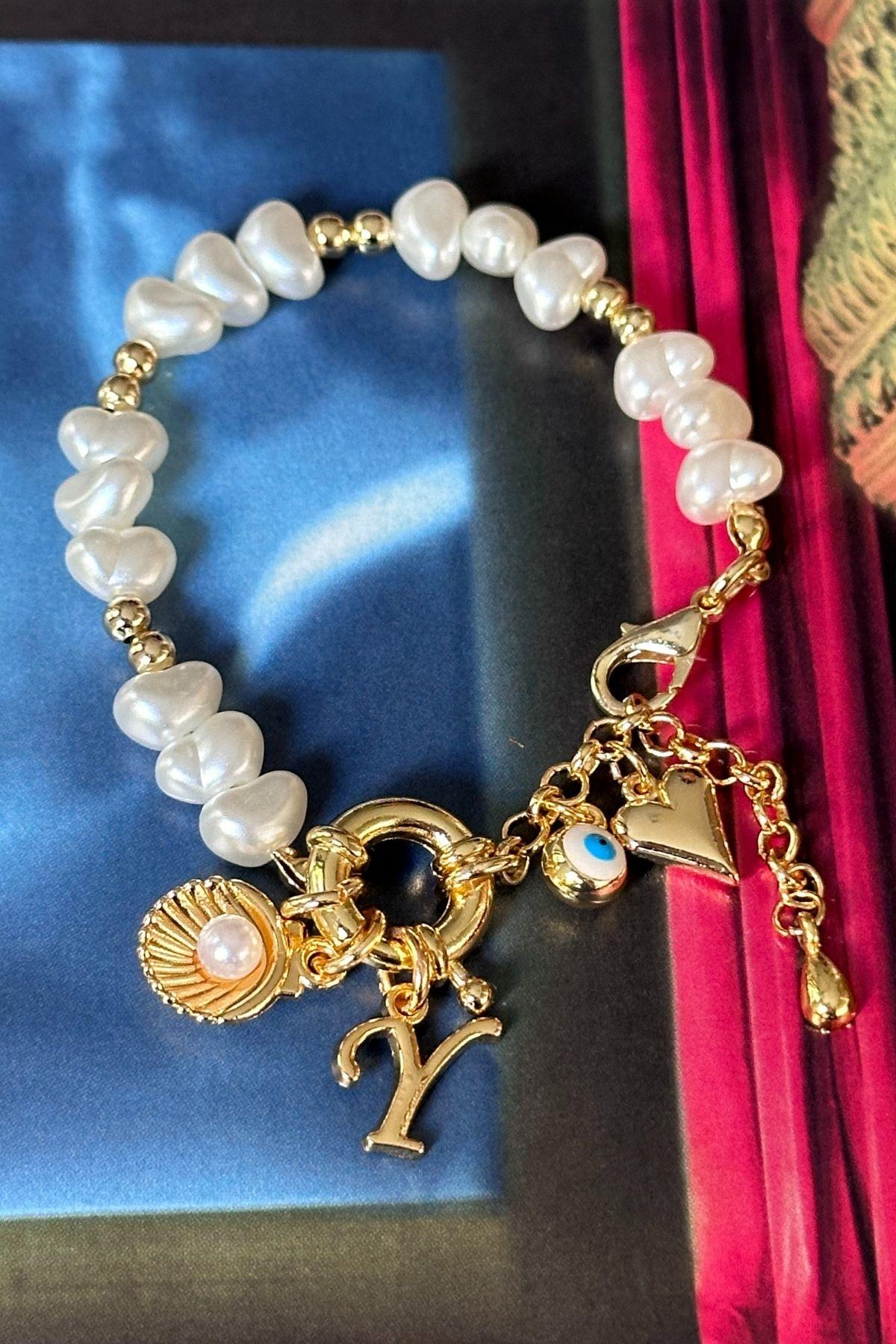 Y Harfli İnci Model İstiridye,Nazar ve Kalp Sallantılı Tasarım Bileklik