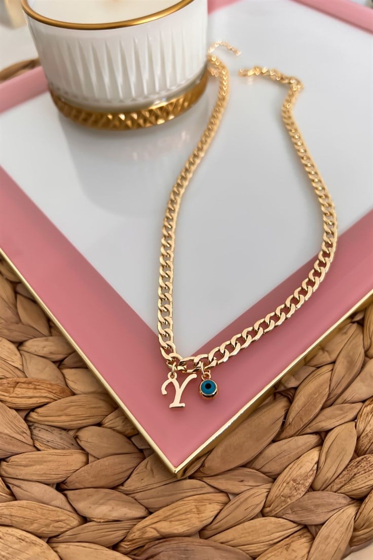 Y Harfli ve Nazar Sallantılı İnce Nostalji Zincirli Kolye Gold