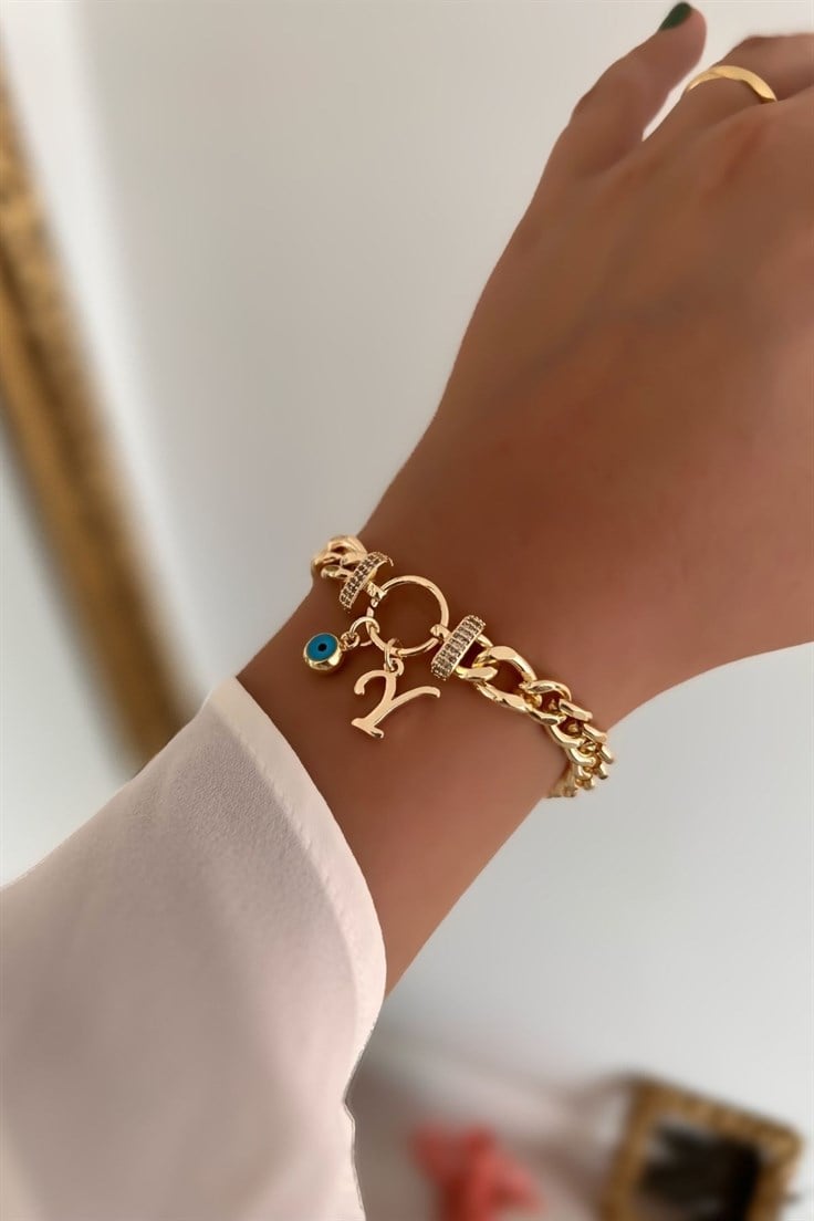 Y Harfli ve Nazar Sallantılı Zirkon Taşlı Halka Bileklik Gold