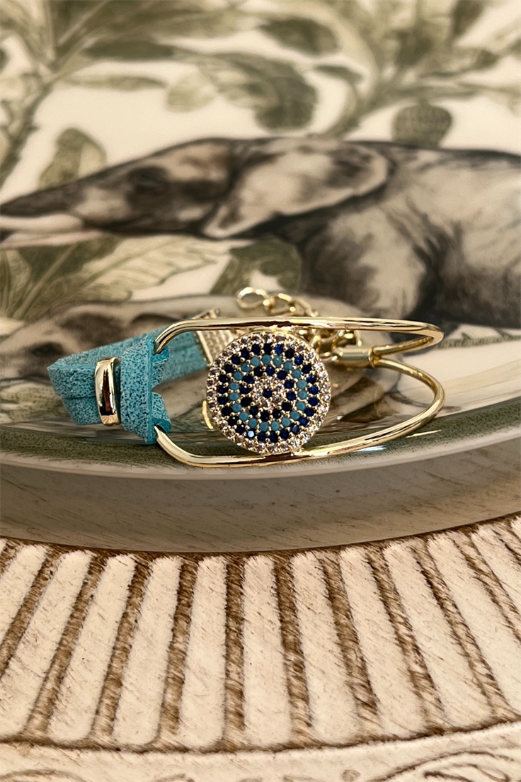 Yarısı Turkuaz Deri Yarısı Metal Nazar Bileklik Gold