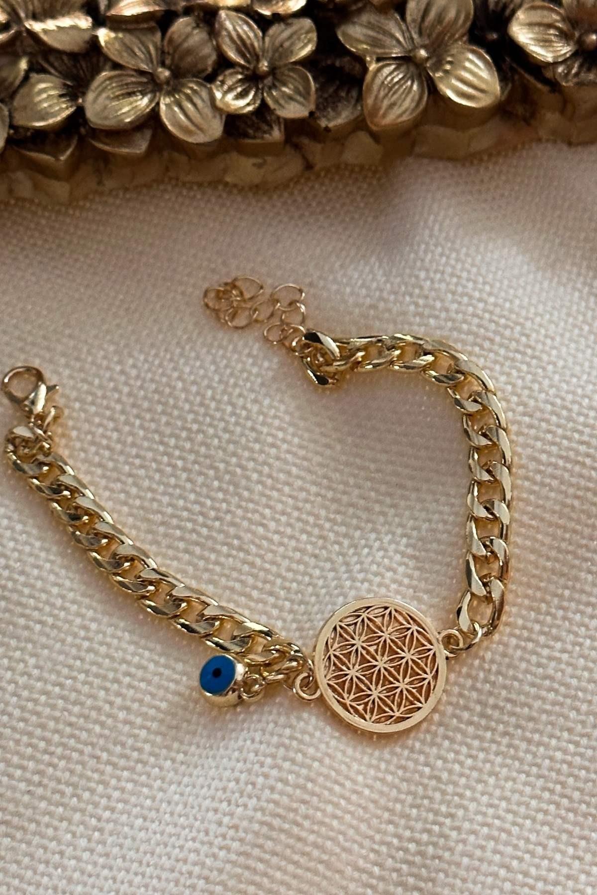 Yaşam Çiçeği Model Nazar Sallantılı Zincir Bileklik