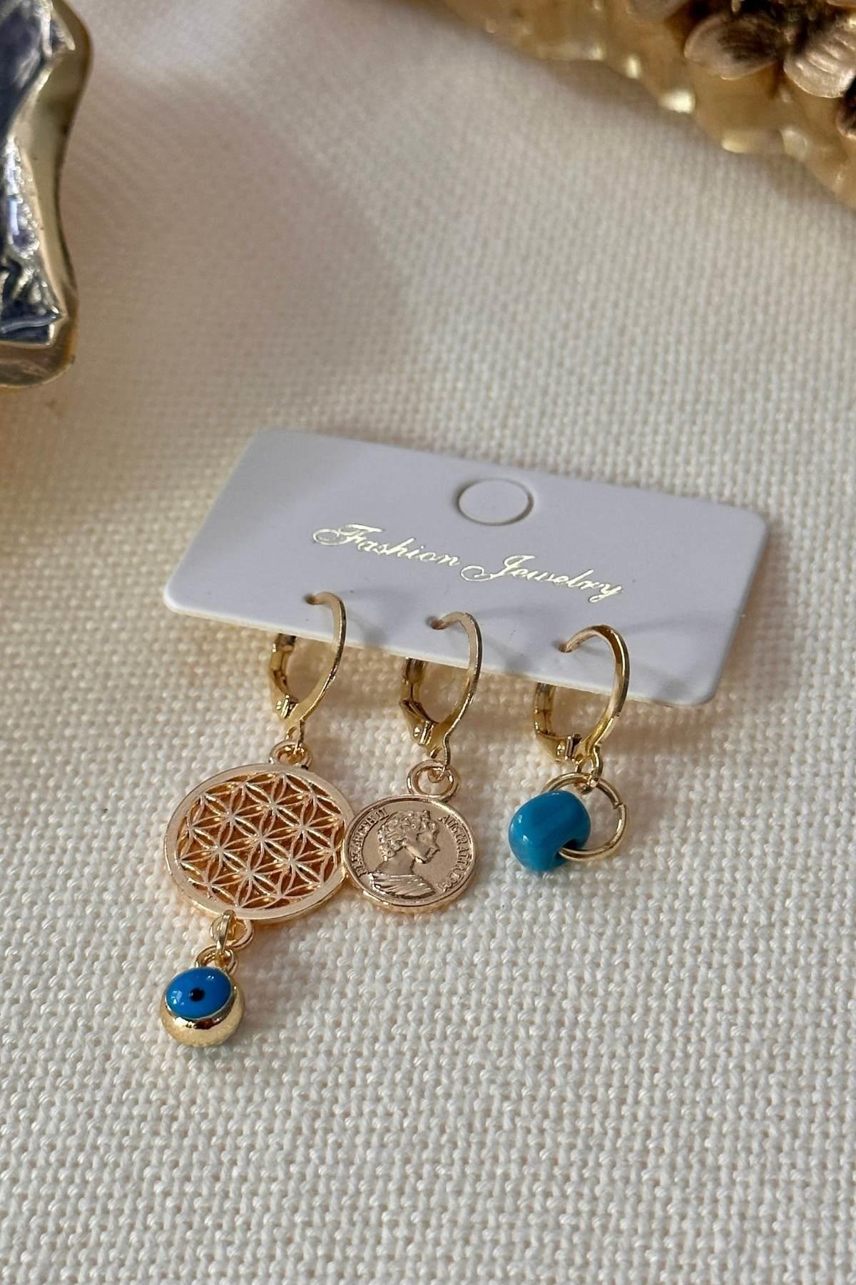 Yaşam, Madalyon ve Boncuklu Set Küpe