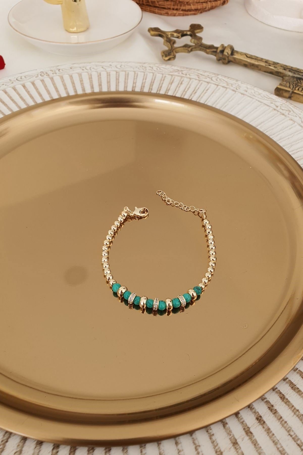 Yeşim Taşı Boncuk Sıralı Bileklik Gold