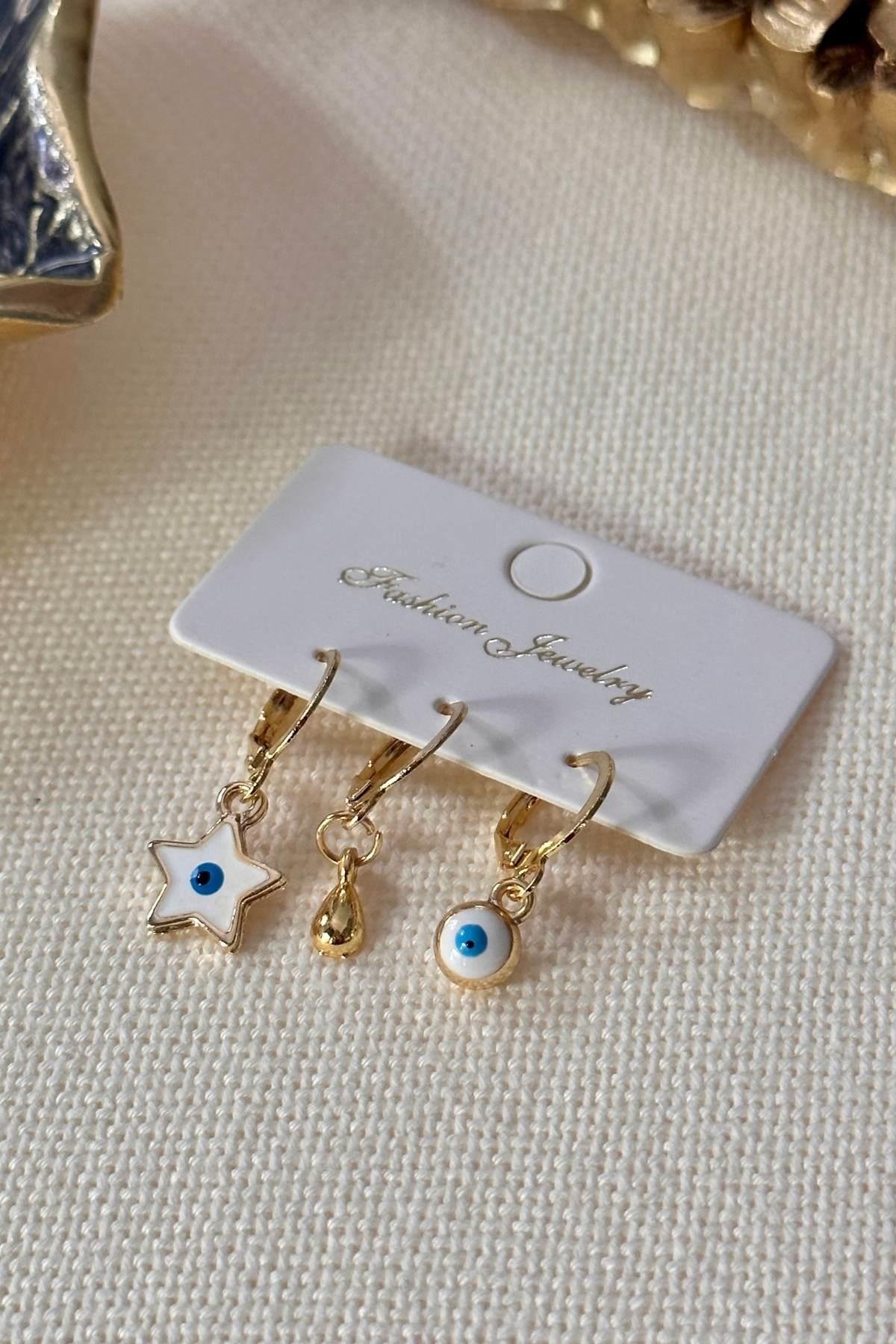 Yıldız, Damla ve Nazarlı Set Küpe