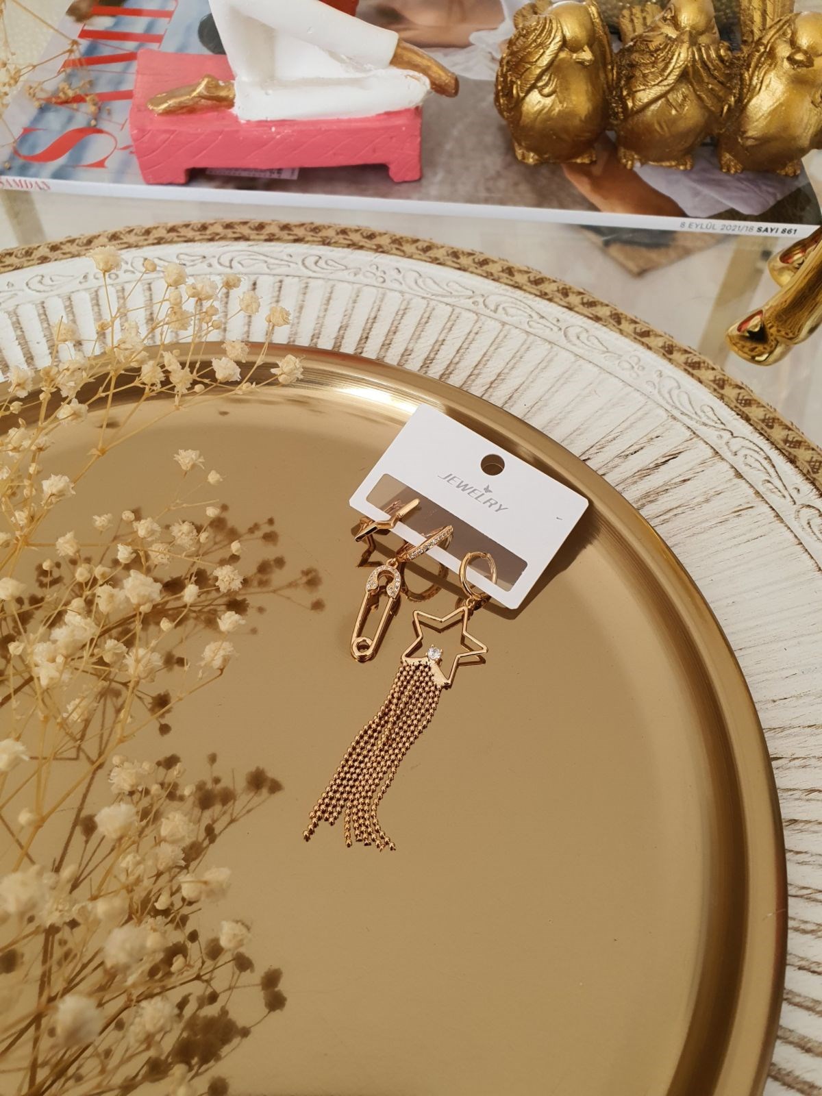 Yıldız Model Çengelli Set Küpe Gold