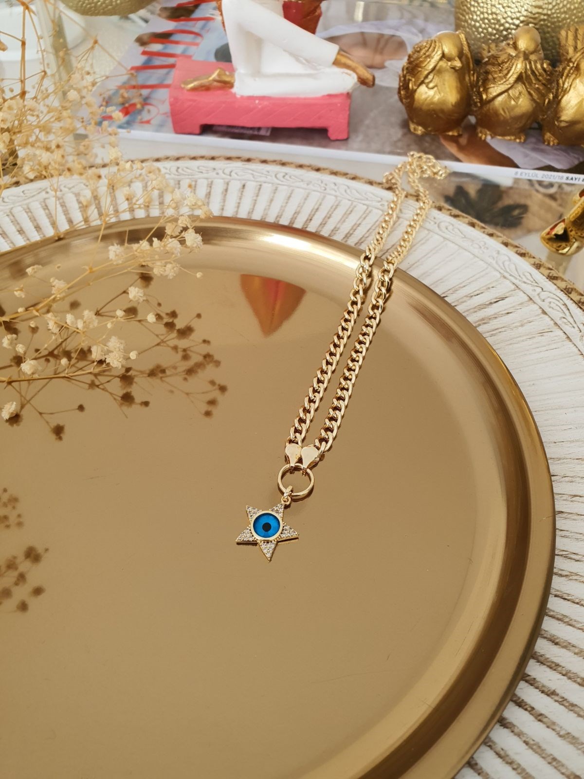 Yıldız Model Zirkon Taşlı Nazarlı Kolye Gold
