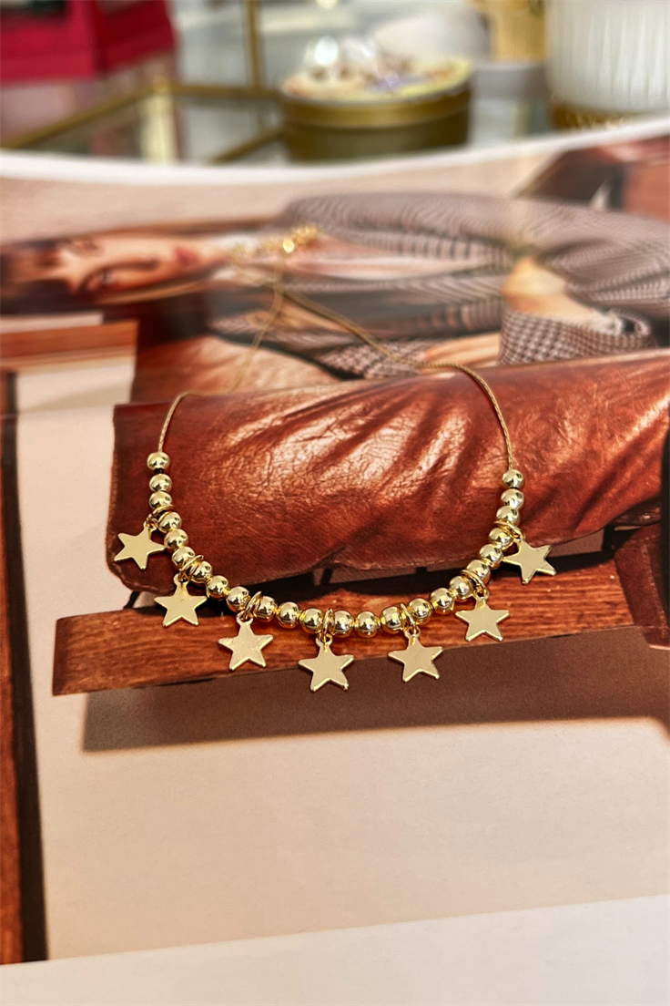Yıldız Sıralı İnce Zincirli Gold Toplu Kolye Gold