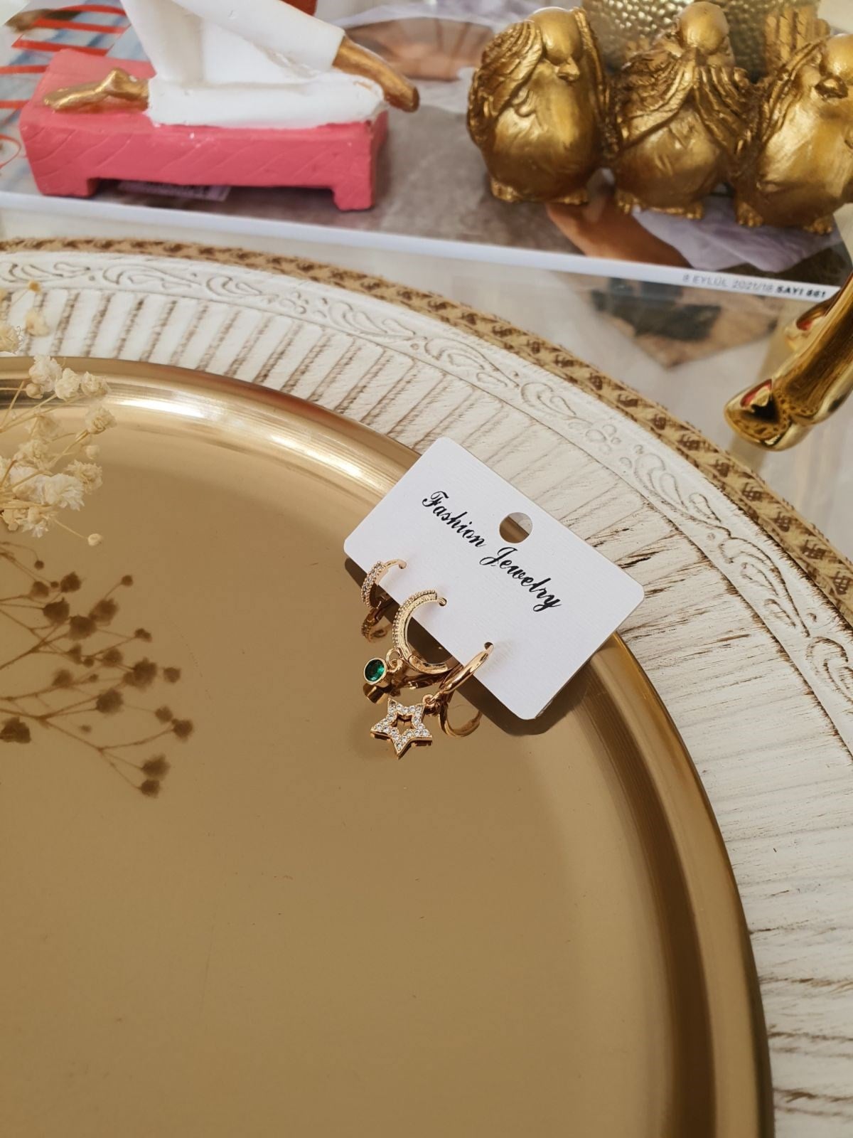 Yıldız Yeşil Taş Ve Halka Model Set Küpe Gold