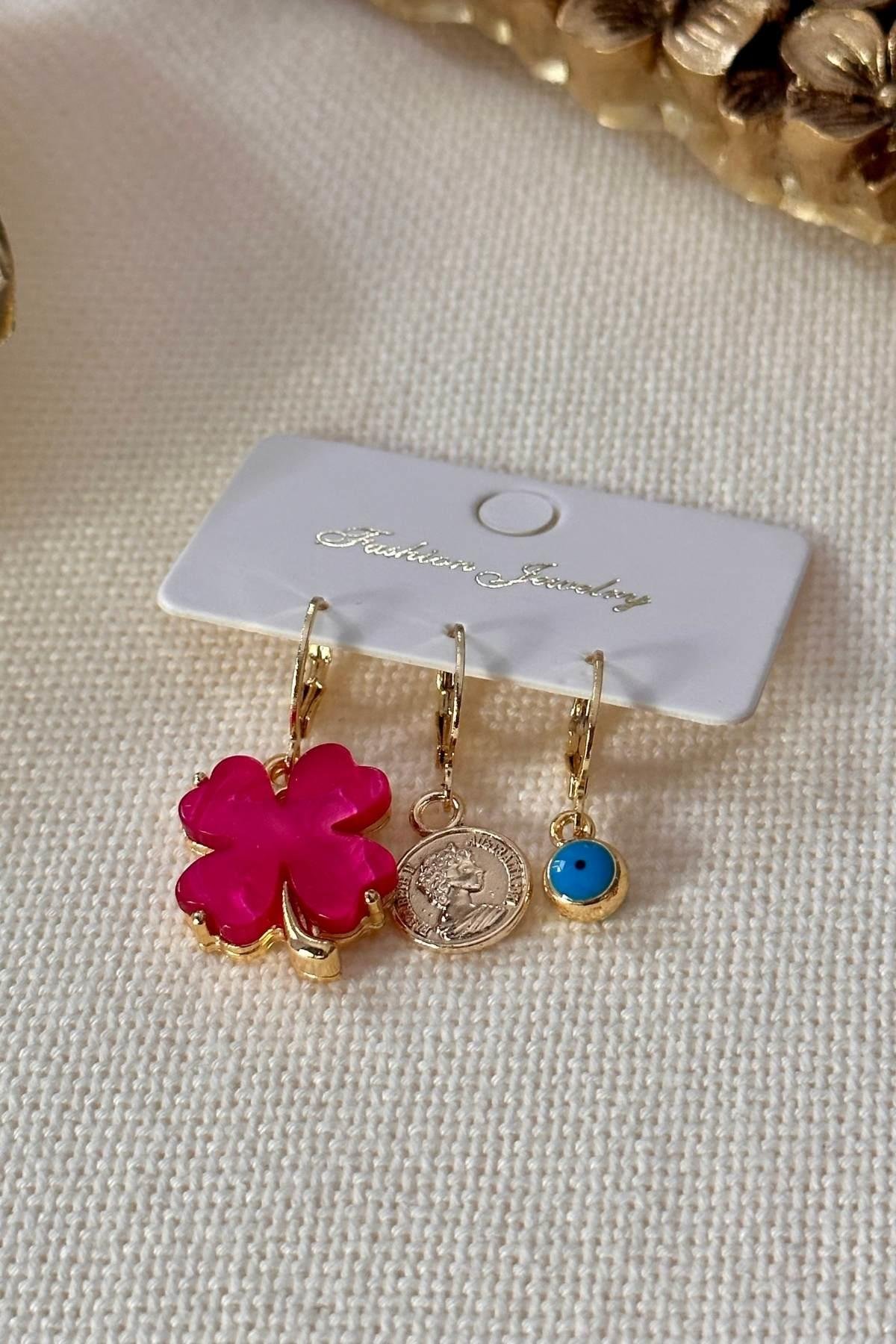 Yonca Madalyon ve Nazar Set Küpe