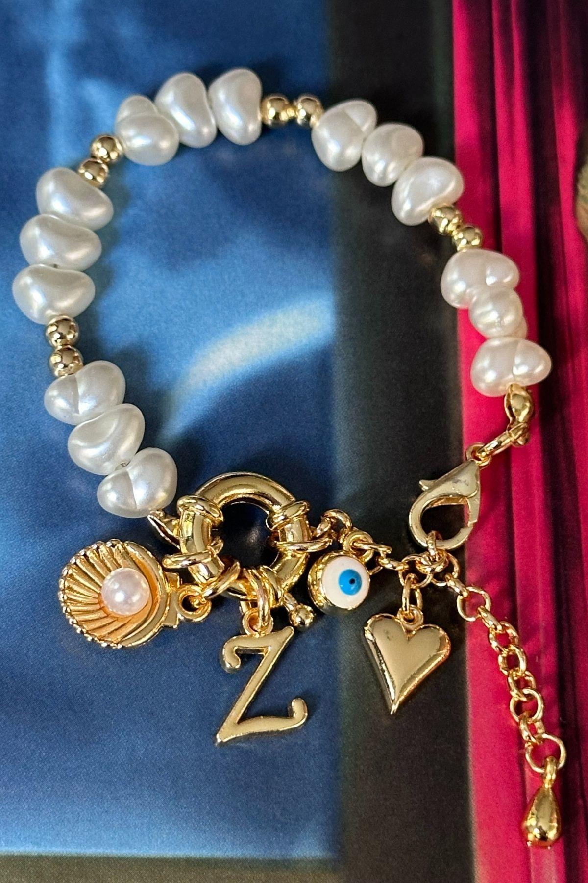 Z Harfli İnci Model İstiridye,Nazar ve Kalp Sallantılı Tasarım Bileklik