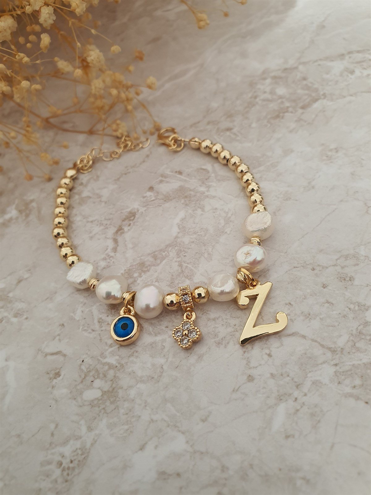 Z Harfli Yonca ve Nazar Sallantılı İnci Sıralı Bil Gold
