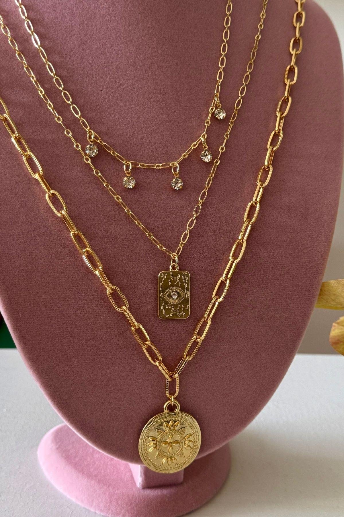 Zirkon Taş Sallantılı Üçlü Kolye Kombini