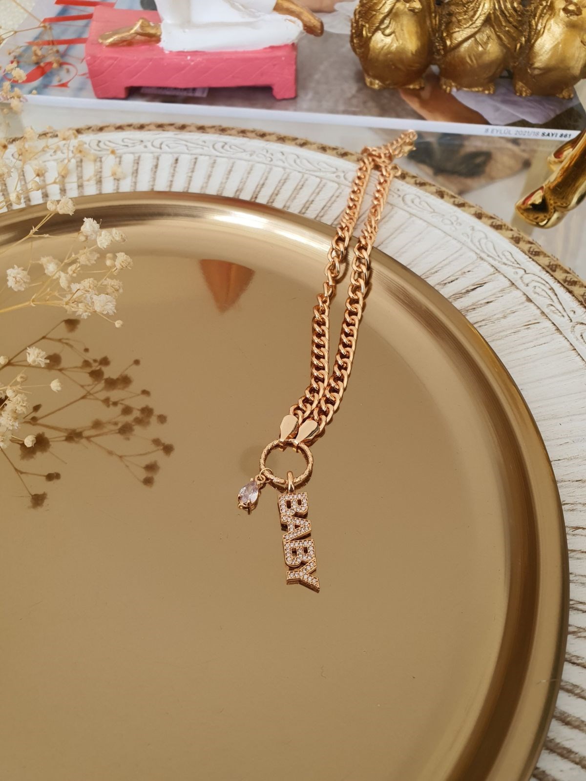 Zirkon Taşlı Baby Yazılı Zincir Kolye Gold
